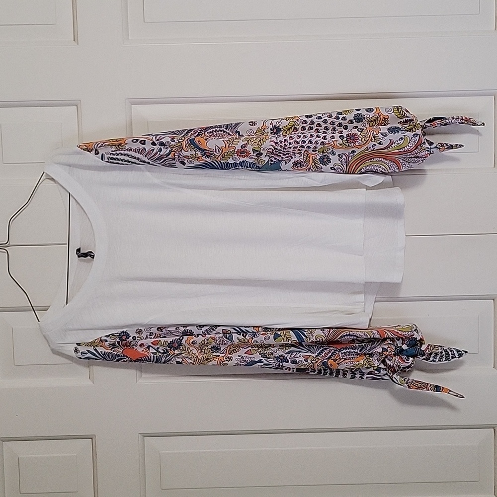 Anthropologie women's long sleeve tee high/low peacock print sz xs